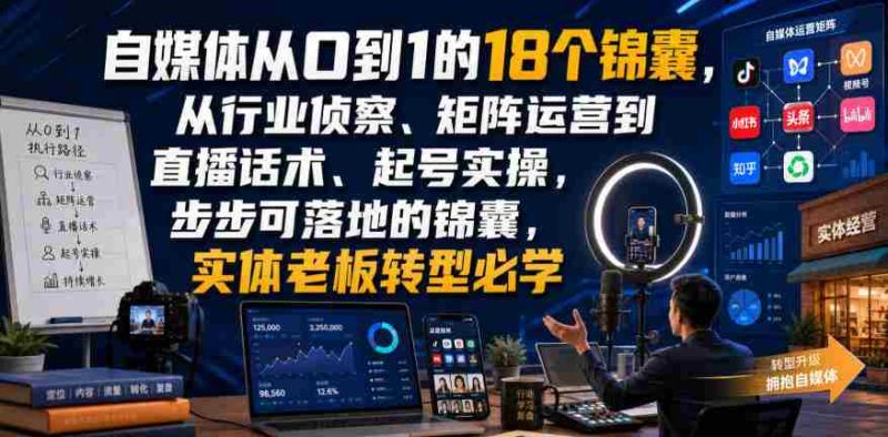 自媒体从0到1的18个锦囊,从行业侦察、矩阵运营到直播话术、起号实操,步步可落地的锦囊,实体老板转型必学-有道网创