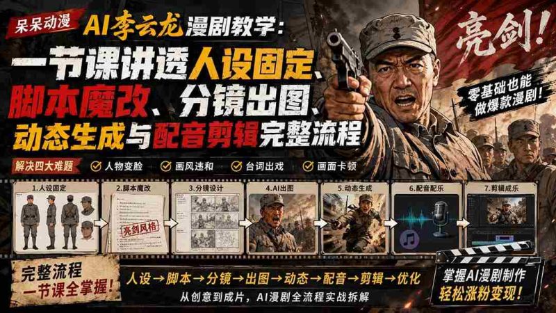 (20107期)呆呆动漫AI李云龙漫剧教学:一节课讲透人设固定、脚本魔改、分镜出图、动态生成与配音剪辑完整流程-有道网创
