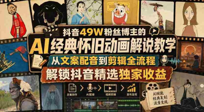 抖音49W粉丝博主的AI经典怀旧动画解说教学,从文案配音到剪辑全流程,解锁抖音精选独家收益-有道网创