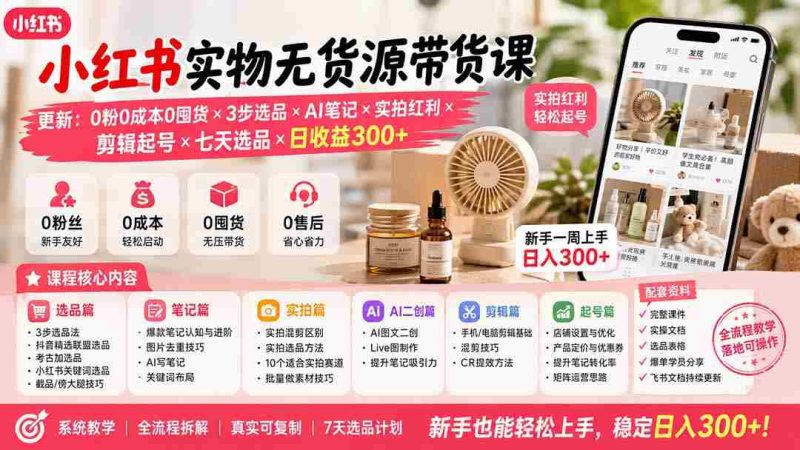 (19840期)小红书实物无货源带货课-更新:0粉0成本0囤货×3步选品×AI笔记×实拍红利×剪辑起号×七天选品×日收益300+-有道网创