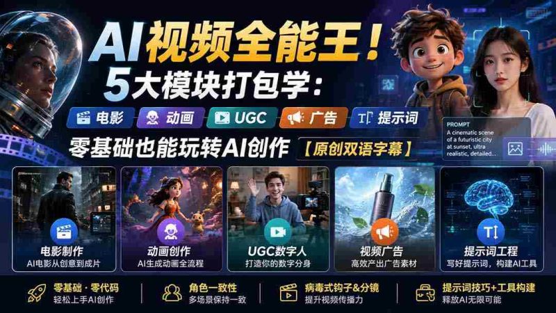 (20048期)AI视频全能王!5大模块打包学:电影、动画、UGC、广告、提示词,零基础也能玩转AI创作【原创双语字幕】-有道网创