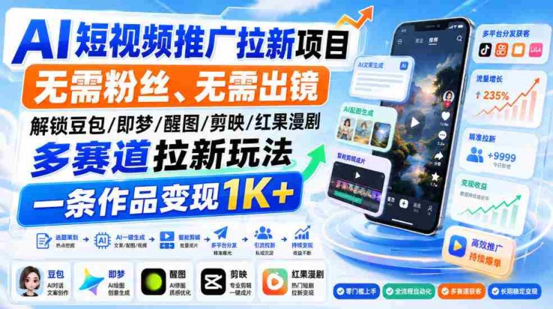 AI短视频推广拉新项目,无需粉丝、无需出镜,解锁豆包/即梦/醒图/剪映/红果漫剧多赛道拉新玩法,一条作品变现1K+-有道网创