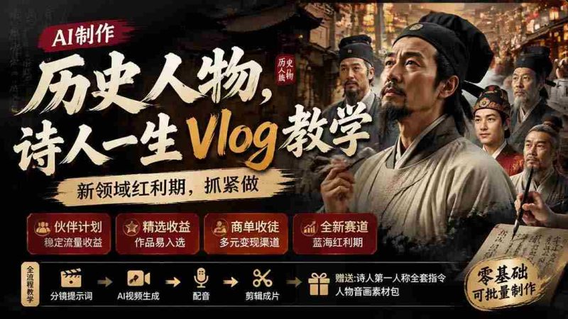 (19758期)历史人物,诗人一生Vlog教学, AI制作丨伙伴计划丨精选收益丨商单收徒 ,新领域红利期,抓紧做-有道网创
