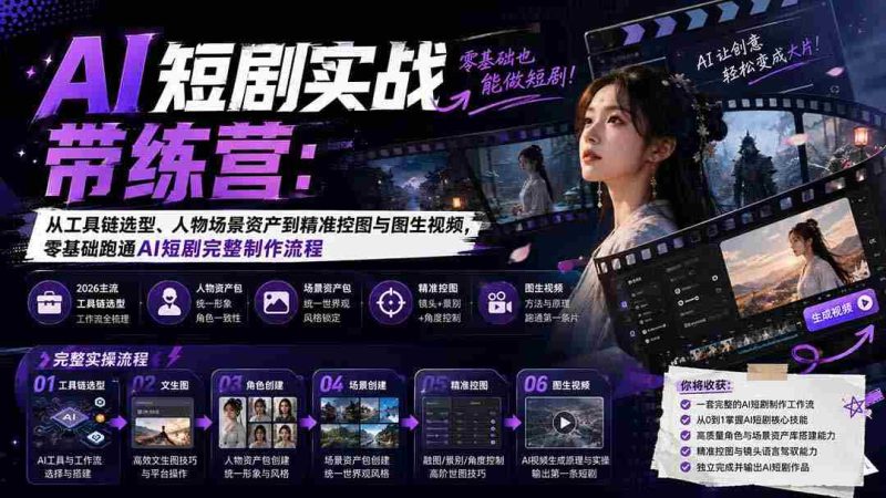 (20064期)AI短剧实战训练营:从工具链选型、人物场景资产到精准控图与图生视频,零基础跑通AI短剧完整制作流程-有道网创