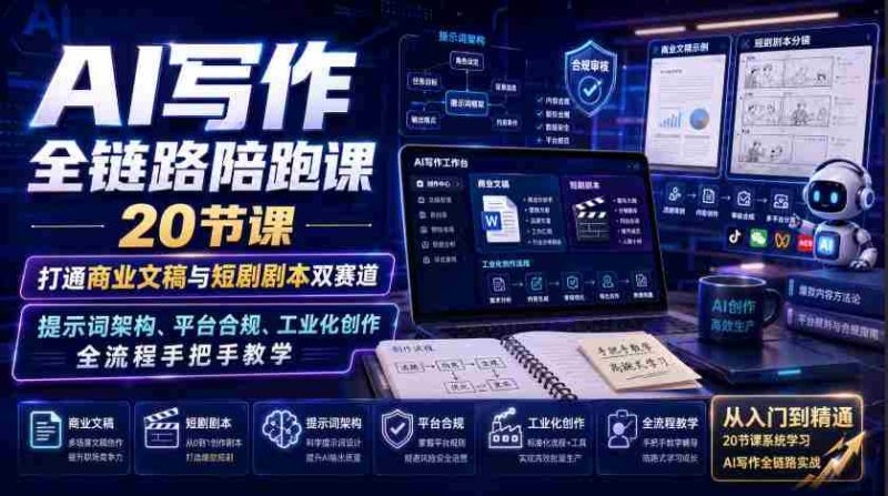 AI写作全链路陪跑课|20节课打通商业文稿与短剧剧本双赛道,提示词架构、平台合规、工业化创作全流程手把手教学-有道网创