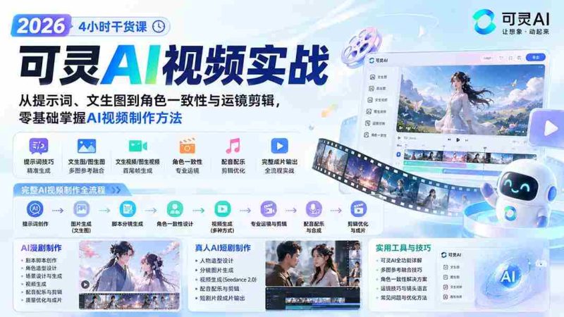 (20136期)2026可灵AI视频实战-4小时干货课:从提示词、文生图到角色一致性与运镜剪辑,零基础掌握AI视频制作方法-有道网创