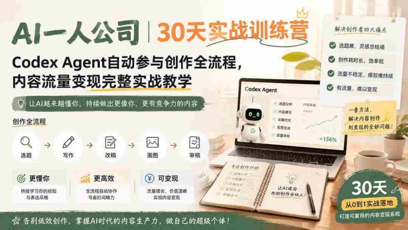(19812期)AI一人公司|30天实战训练营;Codex Agent自动参与创作全流程,内容流量变现完整实战教学-有道网创