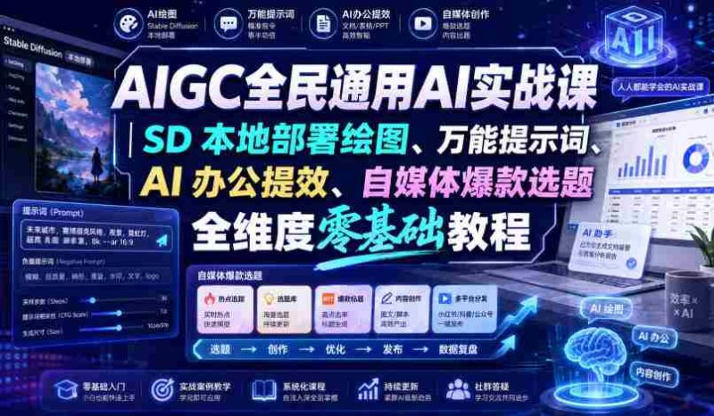AIGC全民通用AI实战课|SD本地部署绘图、万能提示词、AI办公提效、自媒体爆款选题全维度零基础教程-有道网创