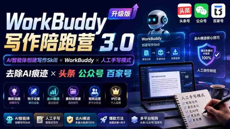 (19920期)WorkBuddy写作陪跑营3.0-更新:Ai智能体创建写作Skill×WorkBuddy×人工手写模式×去除AI痕迹×头条公众号百家号-有道网创