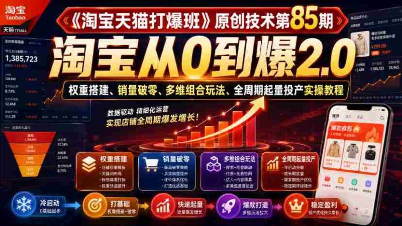 《淘宝天猫打爆班》原创技术第85期,淘宝从0到爆2.0,权重搭建、销量破零、多维组合玩法、全周期起量投产实操教程-有道网创