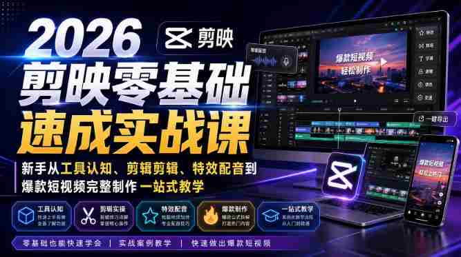 2026剪映零基础速成实战课｜新手从工具认知、剪辑剪辑、特效配音到爆款短视频完整制作一站式教学-有道网创