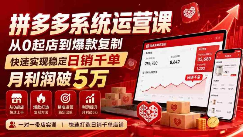 (20124期)拼多多系统运营课(更新8月),从0起店到爆款复制,快速实现稳定日销千单,月利润破5万-有道网创