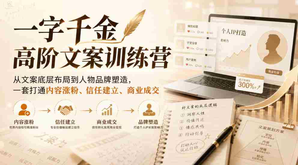 一字千金高阶文案训练营,从文案底层布局到人物品牌塑造,一套打通内容涨粉、信任建立、商业成交