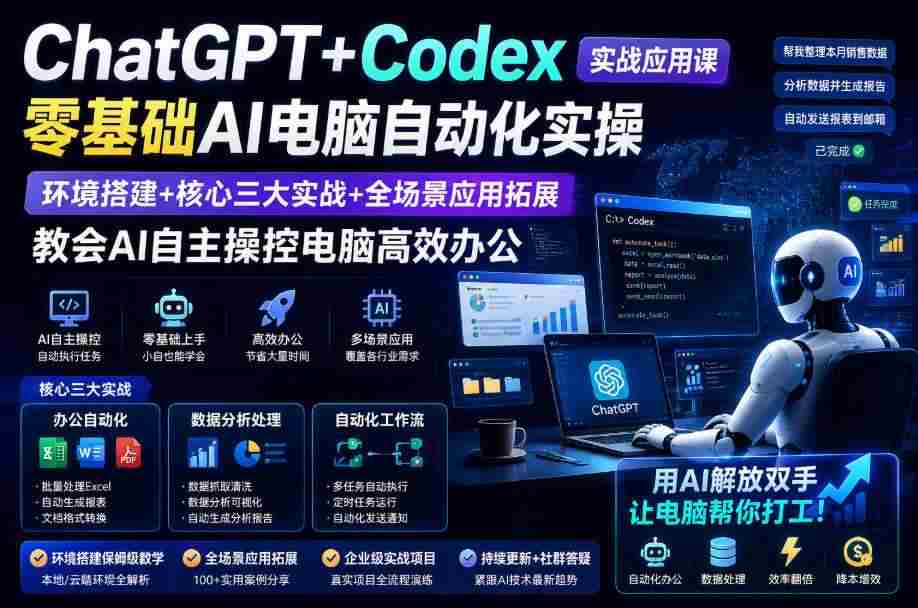 ChatGPT+Codex实战应用课｜零基础AI电脑自动化实操，环境搭建+核心三大实战+全场景应用拓展，教会AI自主操控电脑高效办公-有道网创