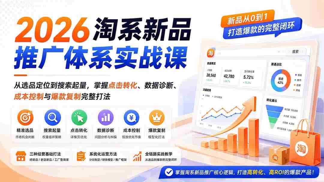 （19908期）2026淘系新品推广体系实战课：从选品定位到搜索起量，掌握点击转化、数据诊断、成本控制与爆款复制完整打法-有道网创