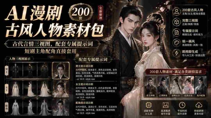 （19693期）AI漫剧古风人物素材包+提示词｜200 套古代言情三视图，配套专属提示词短剧主角配角直接套用-有道网创