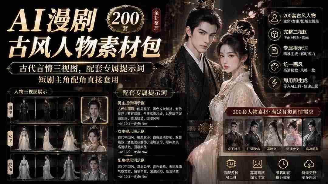 （19693期）AI漫剧古风人物素材包+提示词｜200 套古代言情三视图，配套专属提示词短剧主角配角直接套用-有道网创