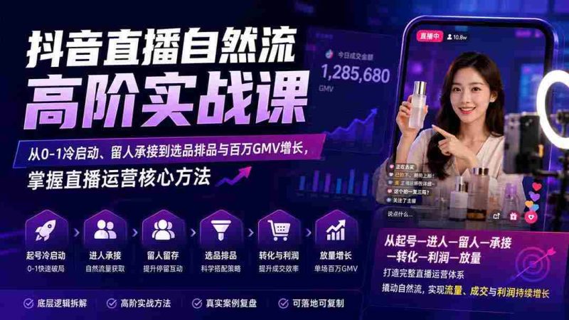 (20058期)抖音直播自然流高阶实战课:从0-1冷启动、留人承接到选品排品与百万GMV增长,掌握直播运营核心方法-有道网创