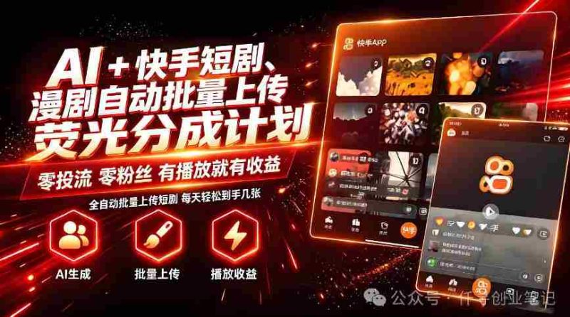 AI+快手短剧,荧光计划,短剧赛道批量上传,单号月收益3-4位数【揭秘】-有道网创
