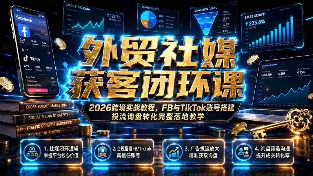 （19611期）外贸社媒获客闭环课｜2026跨境实战教程，FB与TikTok账号搭建投流询盘转化完整落地教学-有道网创