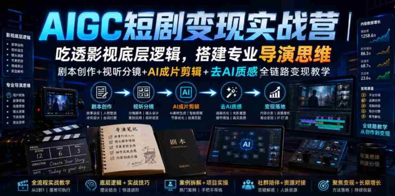 AIGC短剧变现实战营|吃透影视底层逻辑,搭建专业导演思维,剧本创作+视听分镜+AI成片剪辑+去AI质感全链路变现教学-有道网创