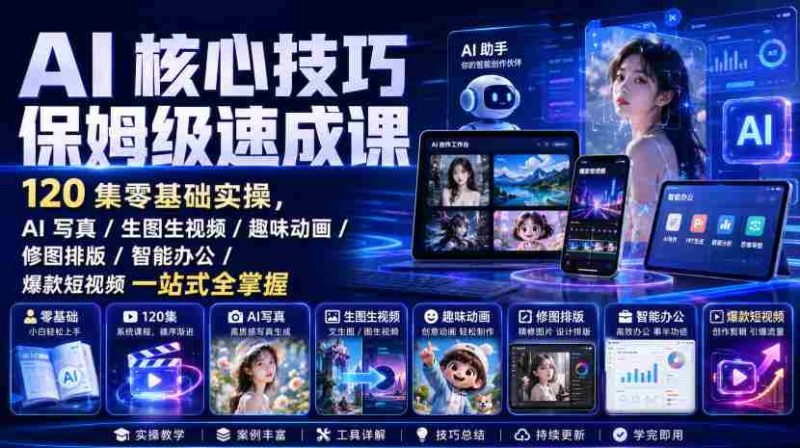 AI核心技巧保姆级速成课|120集零基础实操,AI写真/生图生视频/趣味动画/修图排版/智能办公/爆款短视频一站式全掌握-有道网创