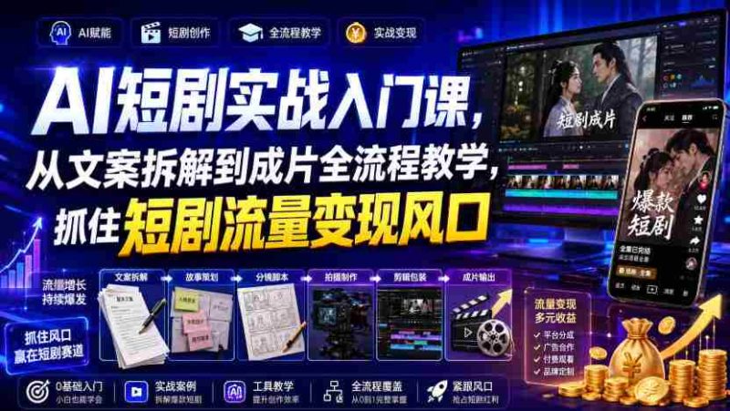 AI短剧实战入门课,从文案拆解到成片全流程教学,抓住短剧流量变现风口-有道网创