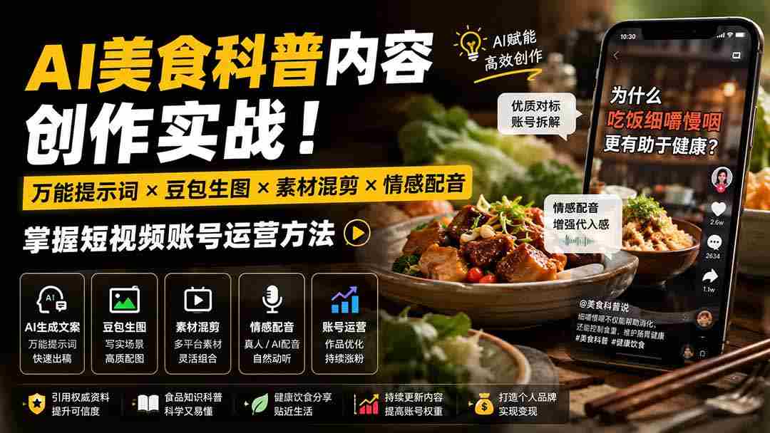 （19730期）外面卖199元-AI美食科普内容创作实战！万能提示词×豆包生图×素材混剪×情感配音，掌握短视频账号运营方法-有道网创