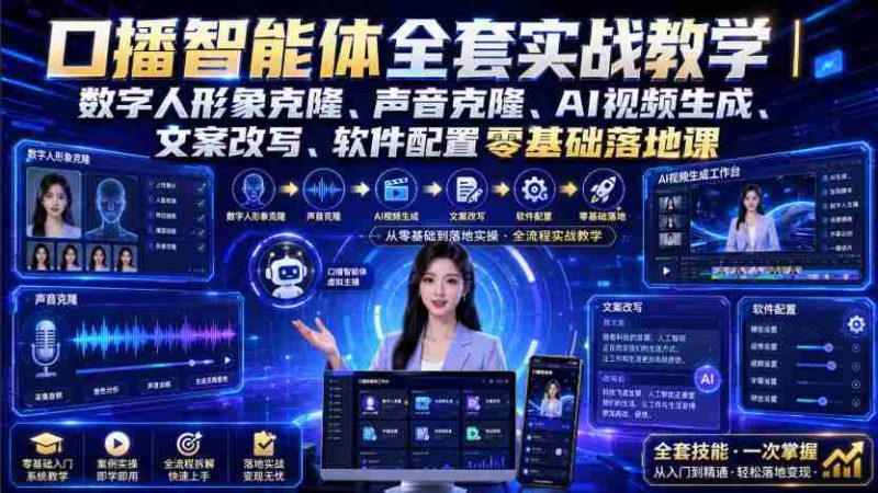 口播智能体全套实战教学|数字人形象克隆、声音克隆、AI视频生成、文案改写、软件配置零基础落地课-有道网创