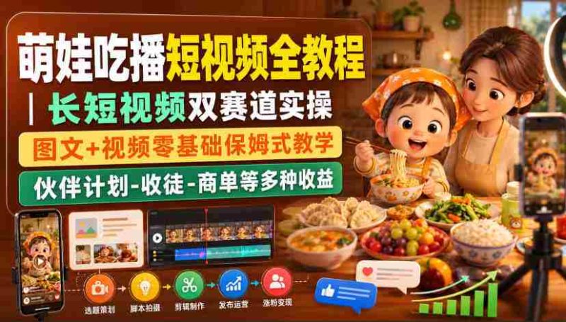 萌娃吃播短视频全教程｜长短视频双赛道实操，图文+视频零基础保姆式教学，伙伴计划-收徒-商单等多种变现方式-有道网创