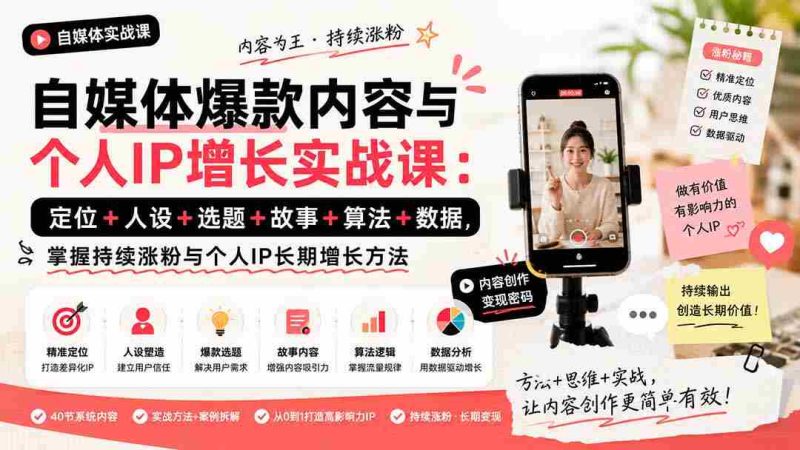 (20046期)自媒体爆款内容与个人IP增长实战课:定位+人设+选题+故事+算法+数据,掌握持续涨粉与个人IP长期增长方法-有道网创
