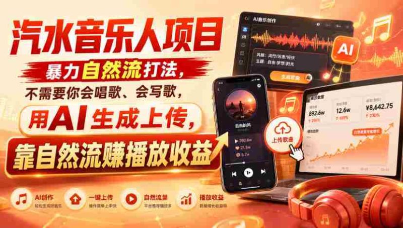 汽水音乐人项目,暴力自然流打法,不需要你会唱歌、会写歌,用AI生成上传,靠自然流賺播放收益-有道网创