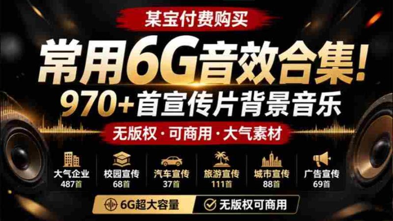 （19764期）某宝付费购买，常用6G音效合集！970+首宣传片背景音乐，无版权可商用大气素材，分类清晰，高质量内容-有道网创