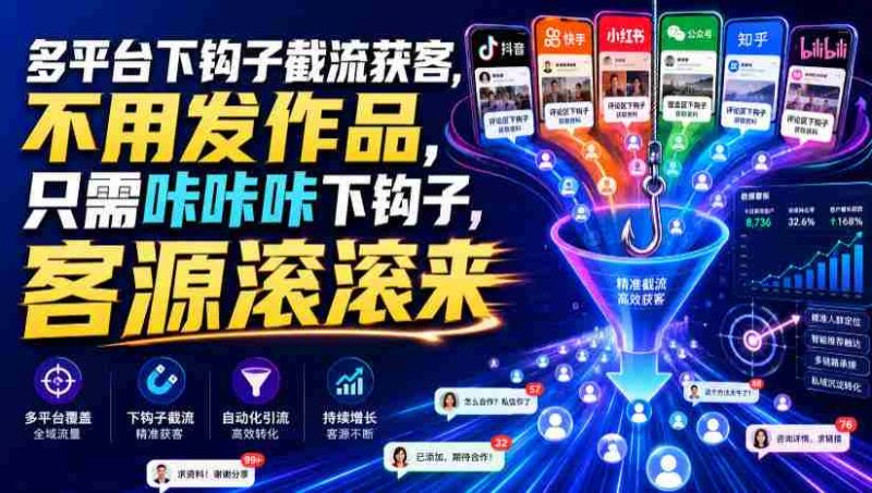 多平台下钩子截流获客,不用发作品,只需咔咔咔下钩子,客源滚滚来-有道网创