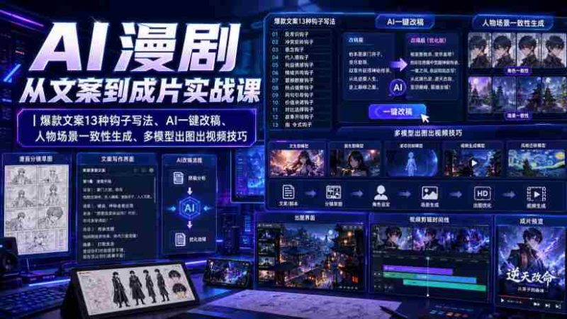AI漫剧从文案到成片实战课|爆款文案13种钩子写法、AI一键改稿、人物场景一致性生成、多模型出图出视频技巧-有道网创