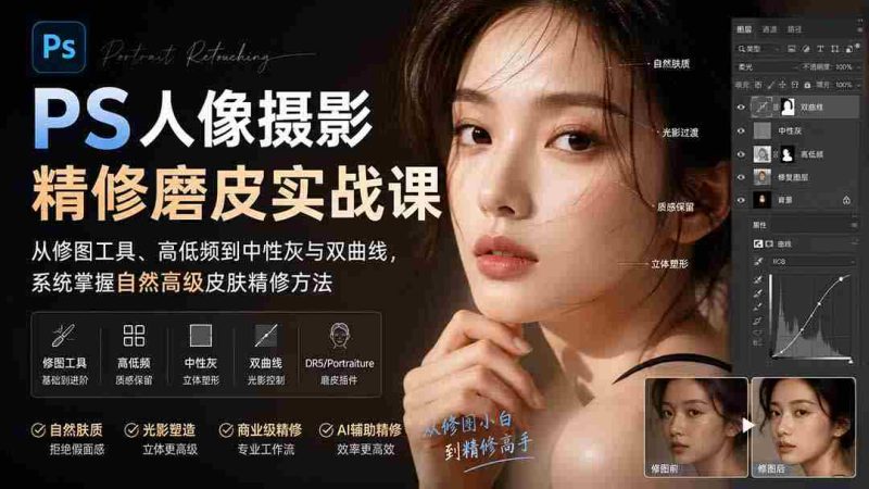 (20061期)PS人像摄影精修磨皮实战课:从修图工具、高低频到中性灰与双曲线,系统掌握自然高级皮肤精修方法-有道网创