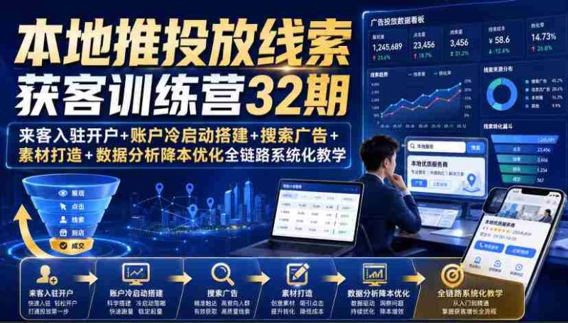 本地推投放线索获客训练营32期|来客入驻开户+账户冷启动搭建+搜索广告+素材打造+数据分析降本优化全链路系统化教学(8月全新课程)-有道网创