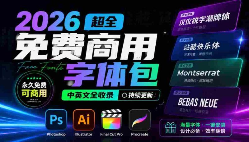 （19982期）2026超全免费商用字体包字体中英文，涵盖ps/ai/fcpx/procreate 字库-有道网创