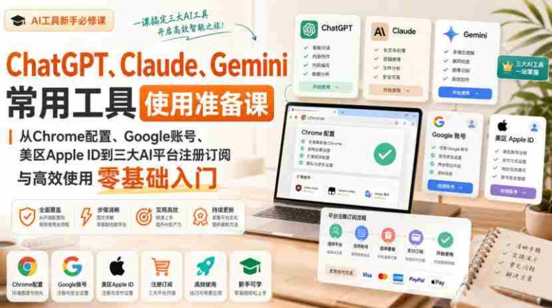 ChatGPT、Claude、Gemini常用工具使用准备课｜从Chrome配置、Google账号、美区Apple ID到三大AI平台注册订阅与高效使用零基础入门-有道网创