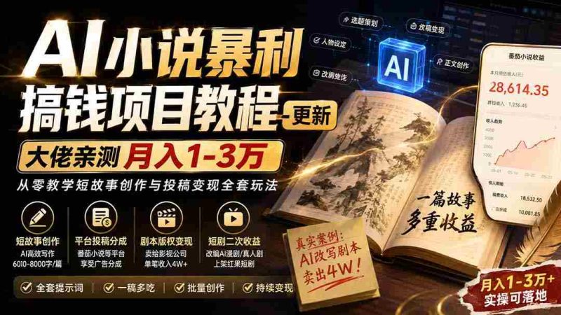 (20044期)AI小说暴利搞钱项目教程-更新,大佬亲测月入1-3万,从零教学短故事创作与投稿变现全套玩法-有道网创