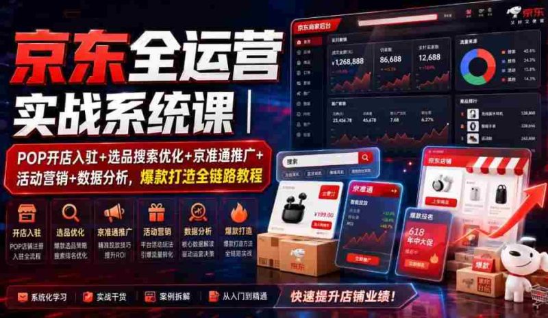 京东全运营实战系统课|POP开店入驻+选品搜索优化+京准通推广+活动营销+数据分析,爆款打造全链路教程-有道网创