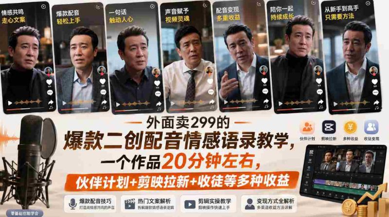 外面卖299的爆款二创配音情感语录教学,一个作品20分钟左右,伙伴计划+剪映拉新+收徒等多种收益-有道网创