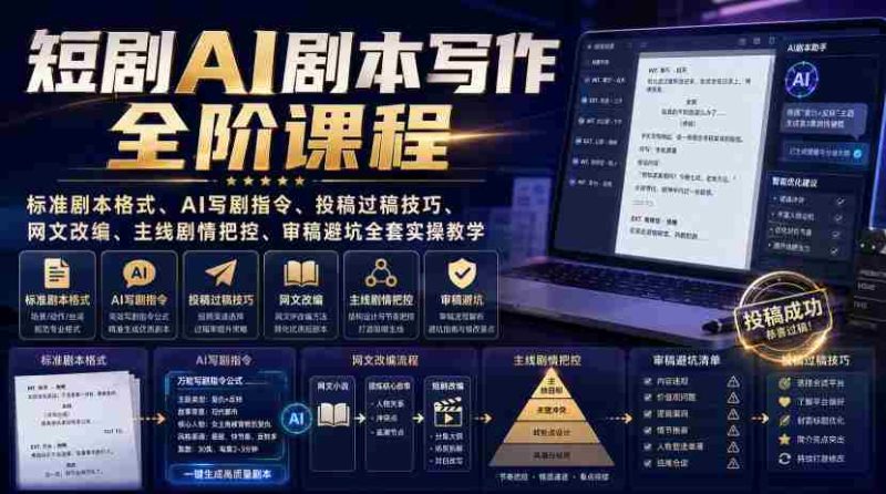 短剧AI剧本写作全阶课程|标准剧本格式、AI写剧指令、投稿过稿技巧、网文改编、主线剧情把控、审稿避坑全套实操教学-有道网创