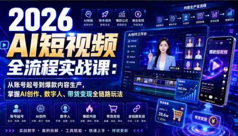2026 AI短视频全流程实战课:从账号起号到爆款内容生产,掌握AI创作、数字人、带货变现全链路玩法-有道网创