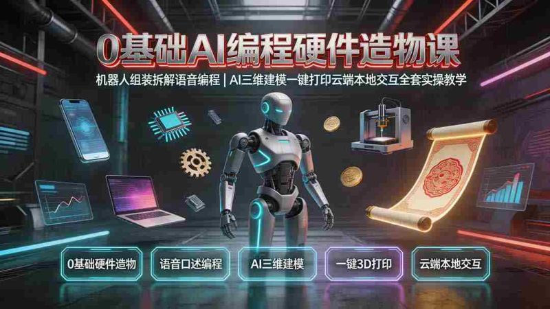 (19612期)0基础AI编程硬件造物课|机器人组装拆解语音编程,AI三维建模一键打印云端本地交互全套实操教学-有道网创