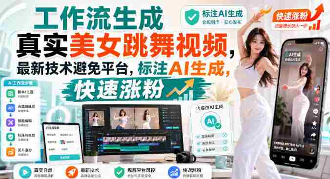 工作流生成真实美女跳舞视频,最新技术避免平台,标注AI生成,快速涨粉-有道网创