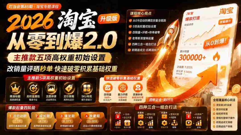 (19742期)2026淘宝从零到爆2.0第85期;主推款五项高权重初始设置,改销量评晒秒单快速破零积累基础权重-有道网创