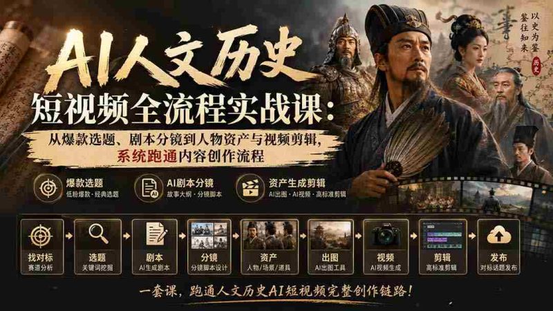 (20074期)AI人文历史短视频全流程实战课:从爆款选题、剧本分镜到人物资产与视频剪辑,系统跑通内容创作流程-有道网创