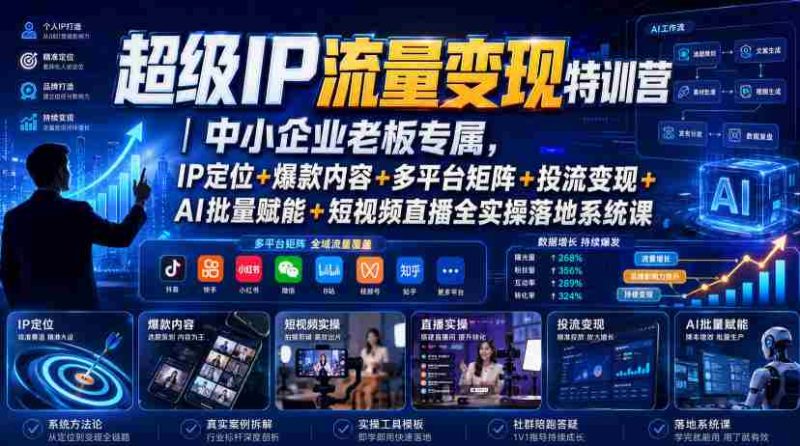 超级IP流量变现特训营|中小企业老板专属,IP定位+爆款内容+多平台矩阵+投流变现+AI批量赋能+短视频直播全实操落地系统课-有道网创