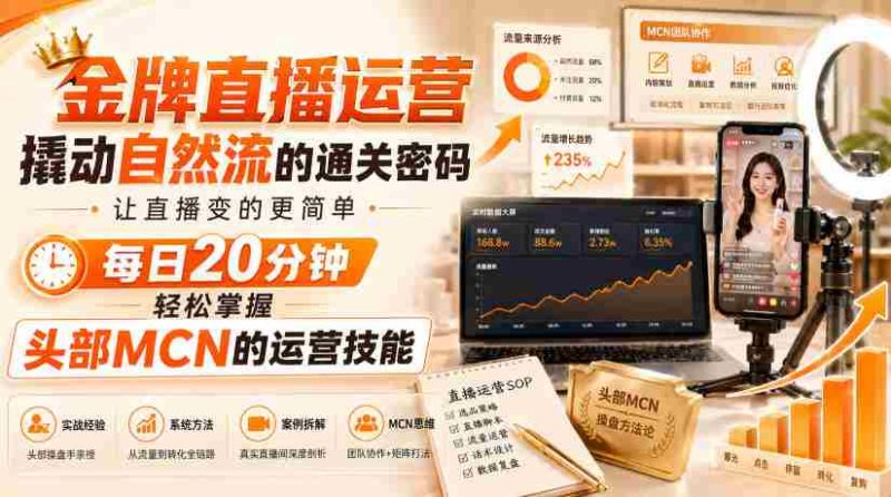 金牌直播运营撬动自然流的通关密码，让直播变的更简单，每日20分钟，轻松掌握头部MCN的运营技能-有道网创